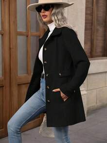 Elegant Women's Mid-Length Coat With Lapel And Buttons, Slim Fit Style, New From The Autumn/Winter Collection. - màu đen - Xem 4
