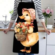 1PC Cute Little Yellow Duck Apron With Pink Heart-Patterned Hat Cartoon Duck Holding Flower Basket Design Kitchen Baking Household Stain-Resistant Waist Apron - Multicolor - View 1