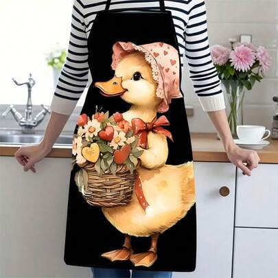 1PC Cute Little Yellow Duck Apron With Pink Heart-Patterned Hat Cartoon Duck Holding Flower Basket Design Kitchen Baking Household Stain-Resistant Waist Apron