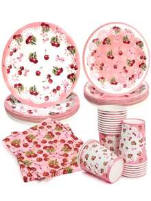10pcs Cherry Party Plate Disposable Cutlery Set Red Paper Plate Suitable For 10 Guests Children's Party Picnic Wedding Tea Party Tableware (Includes Plates, Mugs And Napkins) - Multicolor - View 1
