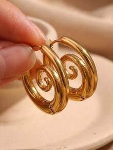 1pair 18K Gold Plated Chunky Spiral Hoop Earrings For Women, Vintage Abstract Swirl Huggie Earrings, Hypoallergenic Thick Twisted Statement Jewelry Gift - Multicolor - View 6