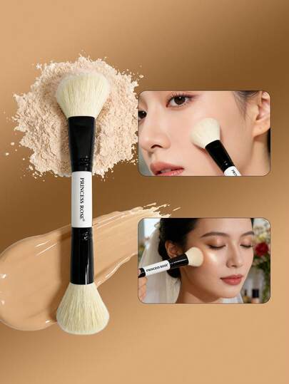Princess Rose Rose Princess 1 Professional Double-Headed Foundation And Contour Brush Heavy-Duty Metal Mouth Tube, Soft Fiber Bristles, Suitable For All Light Beige Types, Portable And Elegant Black Design With Golden Accents, Precise Blending, Long-Lasting Makeup