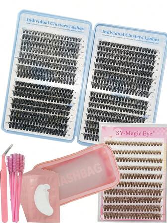 Juego de pestañas postizas de 840 mechones para el Festival del Eid, paquete de 2 cajas, grosor de 0,07 mm, mezcla de 8-16 mm, color marrón 40D DIY, con 10 cepillos para pestañas, 10 almohadillas para ojos y pinzas, pestañas injertadas de aspecto natural para uso en salón y hogar, de fácil aplicación