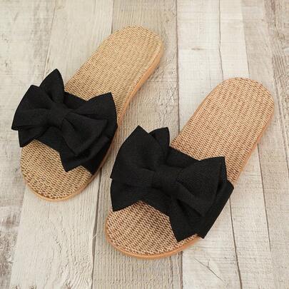 Women's Slippers, Solid Color Bow Decor, Fashionable Fabric Bow, Home Slippers, Suitable For Spring And Autumn