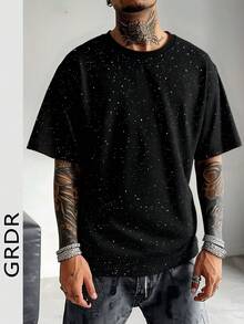 GRDR 男士百搭闪亮星星圆领短袖T恤，白色星空休闲日常上衣，透气吸湿舒适，春夏款 - 黑色 - 查看 1