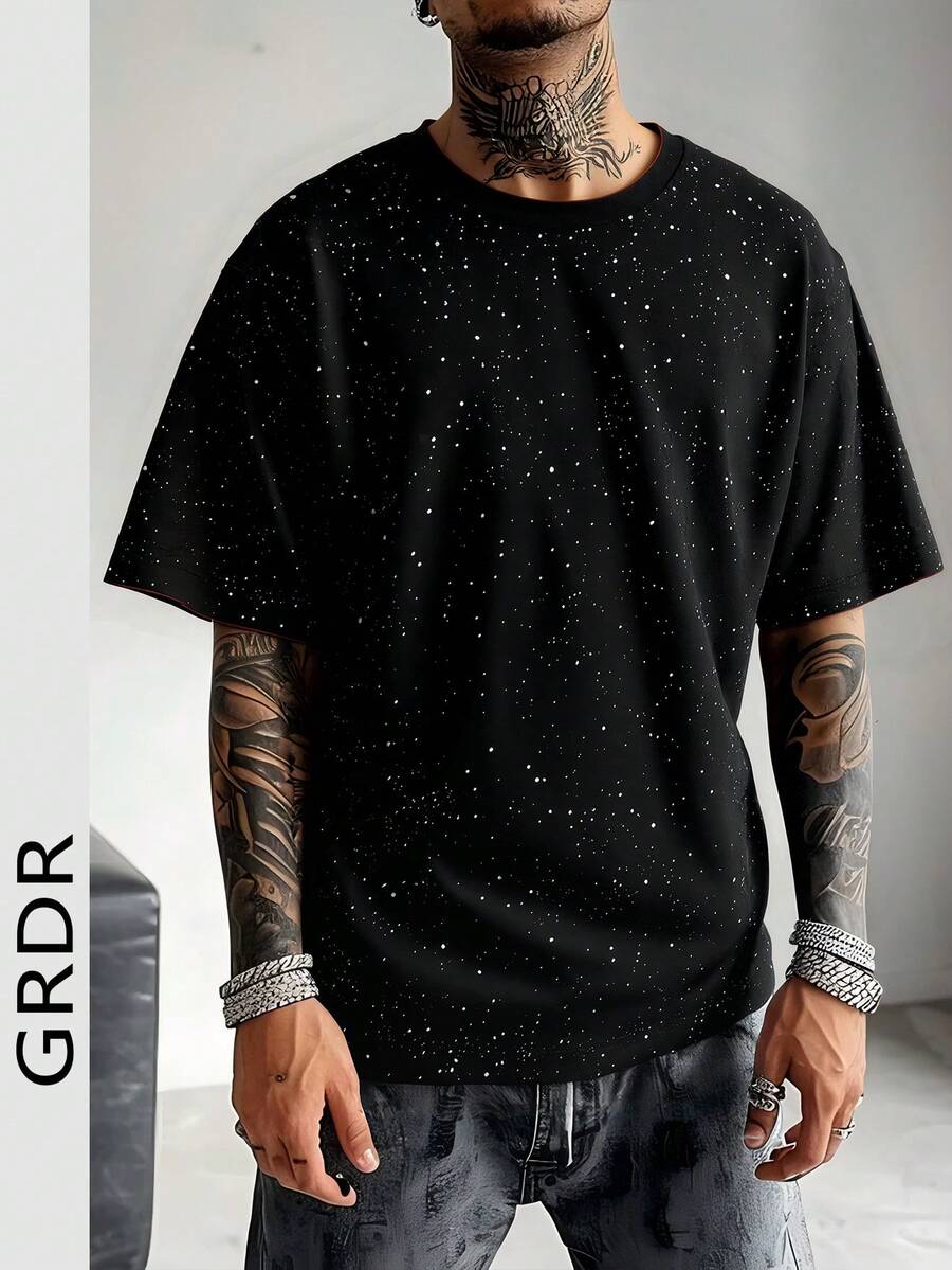GRDR 男士百搭闪亮星星圆领短袖T恤，白色星空休闲日常上衣，透气吸湿舒适，春夏款 - 黑色 - 查看 1