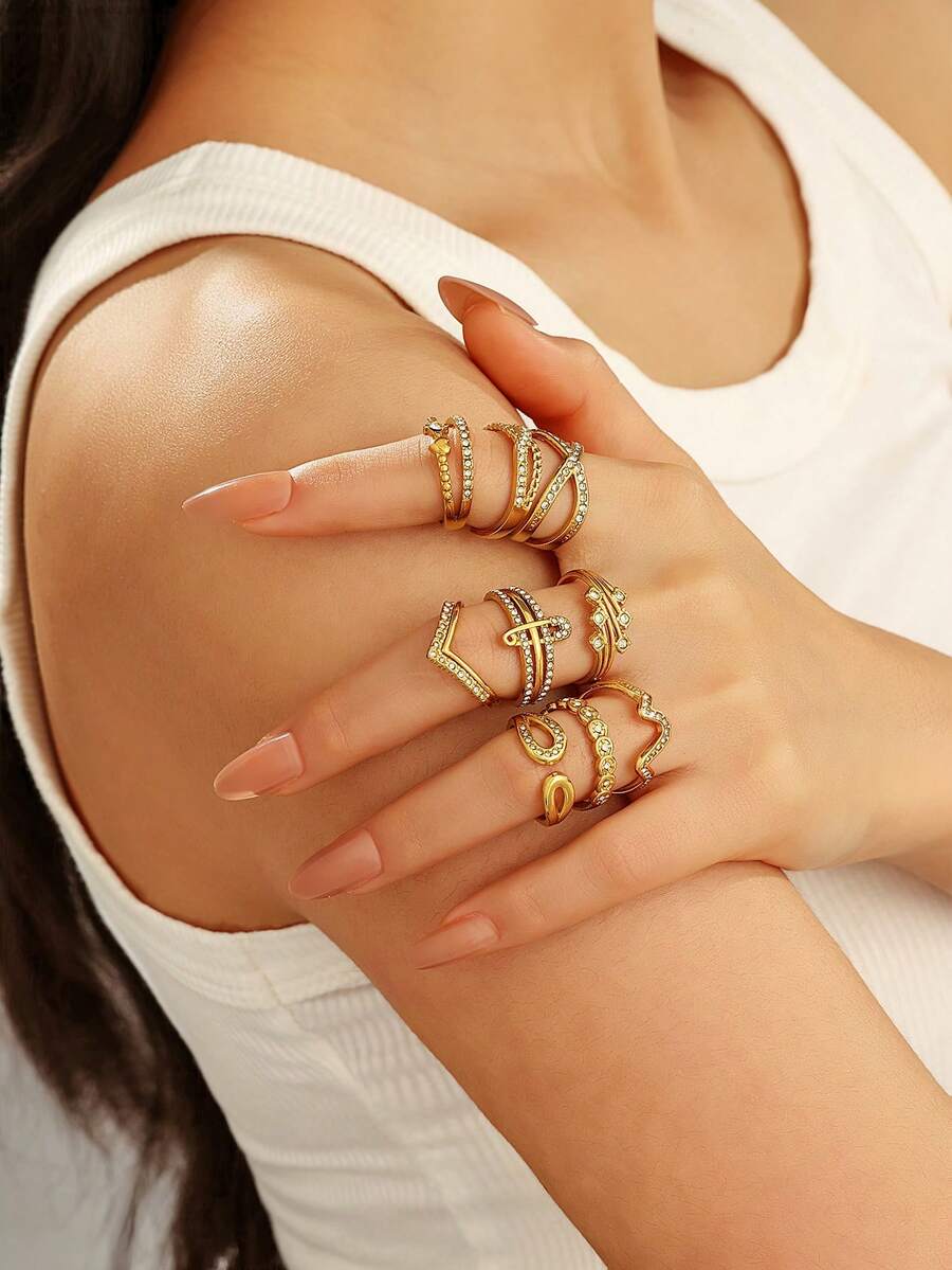 4/6/9 piezas Anillos midi delicados con rhinestones - Anillos abiertos de estilo bohemio INS para mujeres, regalo de joyería de moda | Disponible en selección aleatoria o conjunto completo - Amarillo Oro - Ver 1