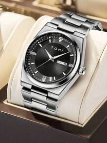 TOMI Men's Watch With Crown Brooch, Ring, Disassembly Tool, Minimalist Design, Round Dial With Diamonds, Zinc Alloy Strap, Quartz Movement, Gift Box, Suitable For Daily Life, Business Events, Father's Day, Valentine's Day, Christmas, - Silver - View 5