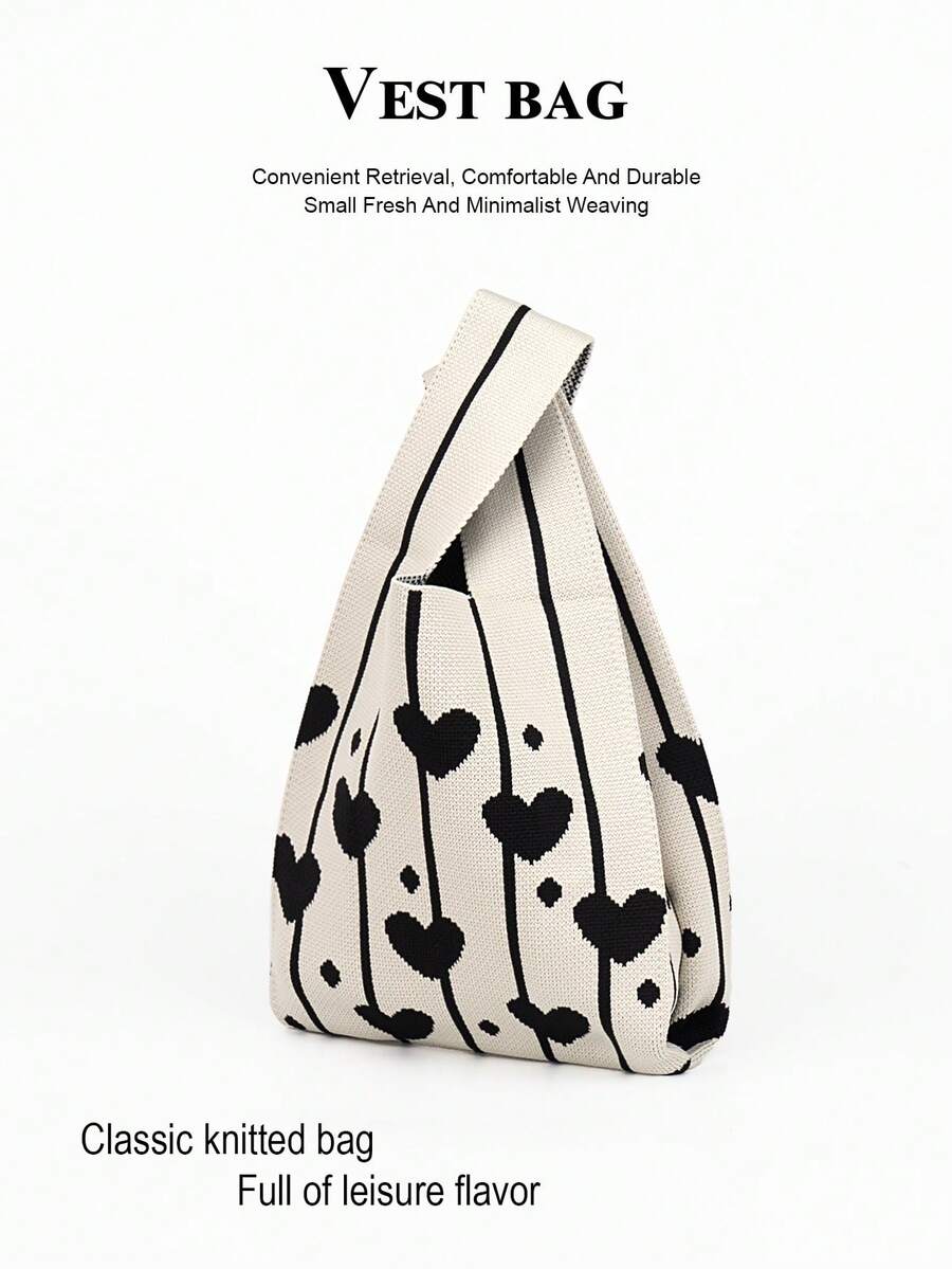迷你轻便可折叠花卉钩编手提包、单肩包、托特包，时尚百搭，适合拍照、上学、度假、波西米亚风等场合。 - 黑與白 - 查看 1