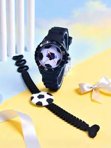 2件套 2026 男童足球石英表，柔软硅胶表带运动腕表，硅胶足球手环 - 黑色 - 查看 6