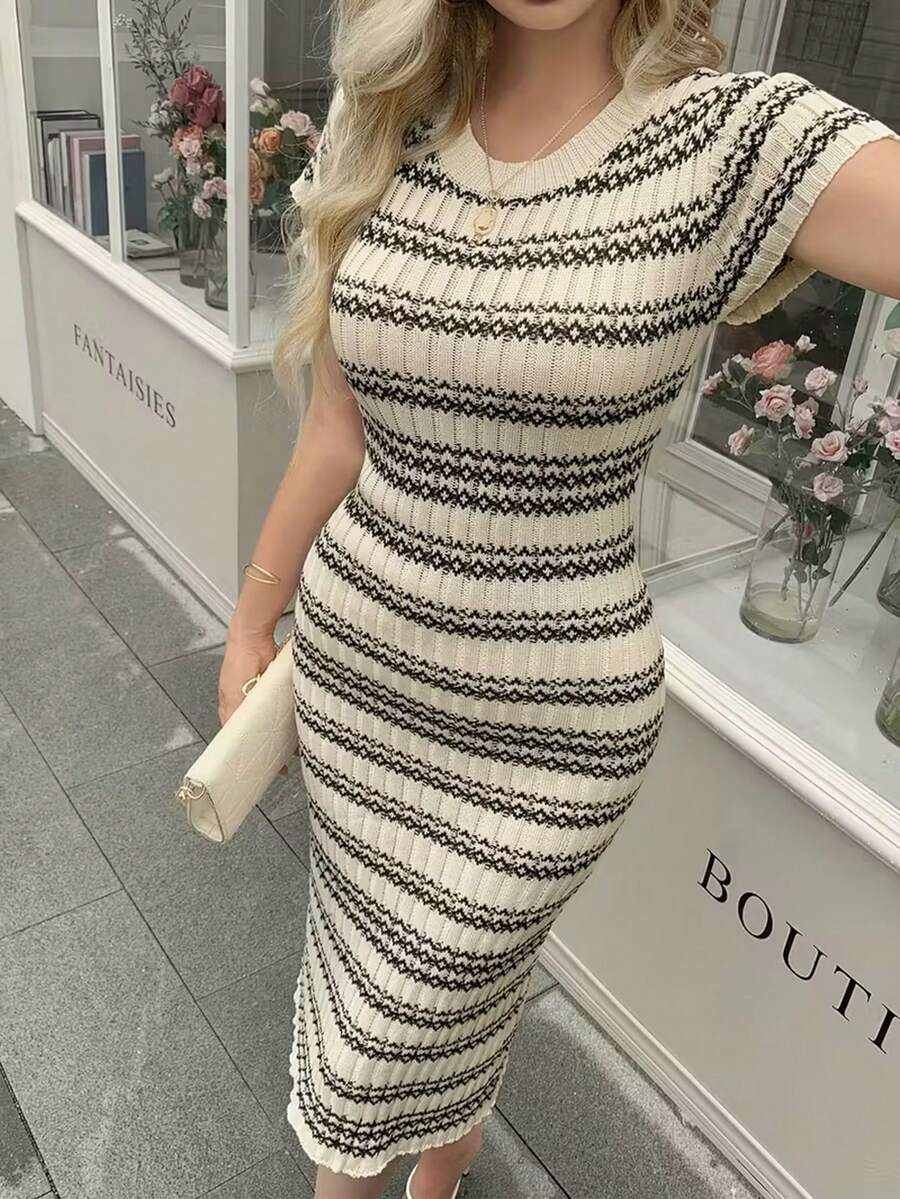 Women's Casual Striped Knit Short Sleeve Dress - Apricot - View 1