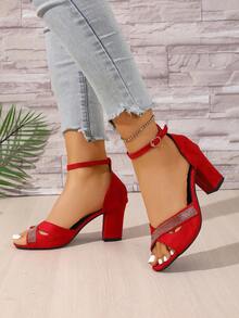 Women's New Black Crystal High Heel Thick Heel Closed Toe Strap Buckle Sandals, Elegant Party & Holiday Style, Spring/Summer - Red - View 4