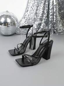 女士时尚高跟方头凉鞋，性感 - 黑色 - 查看 17