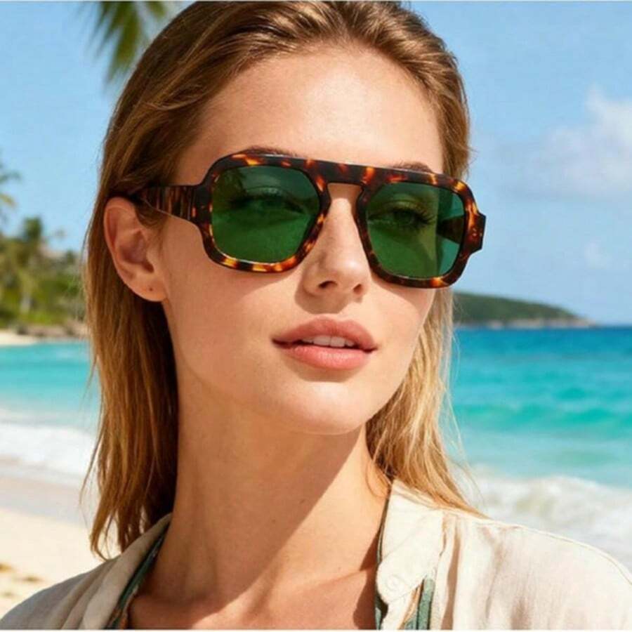 Óculos de sol aviador quadrados para mulheres - Óculos de sol da moda para homens e mulheres, proteção UV, leves e confortáveis, proteção solar - Verde - Visão 1