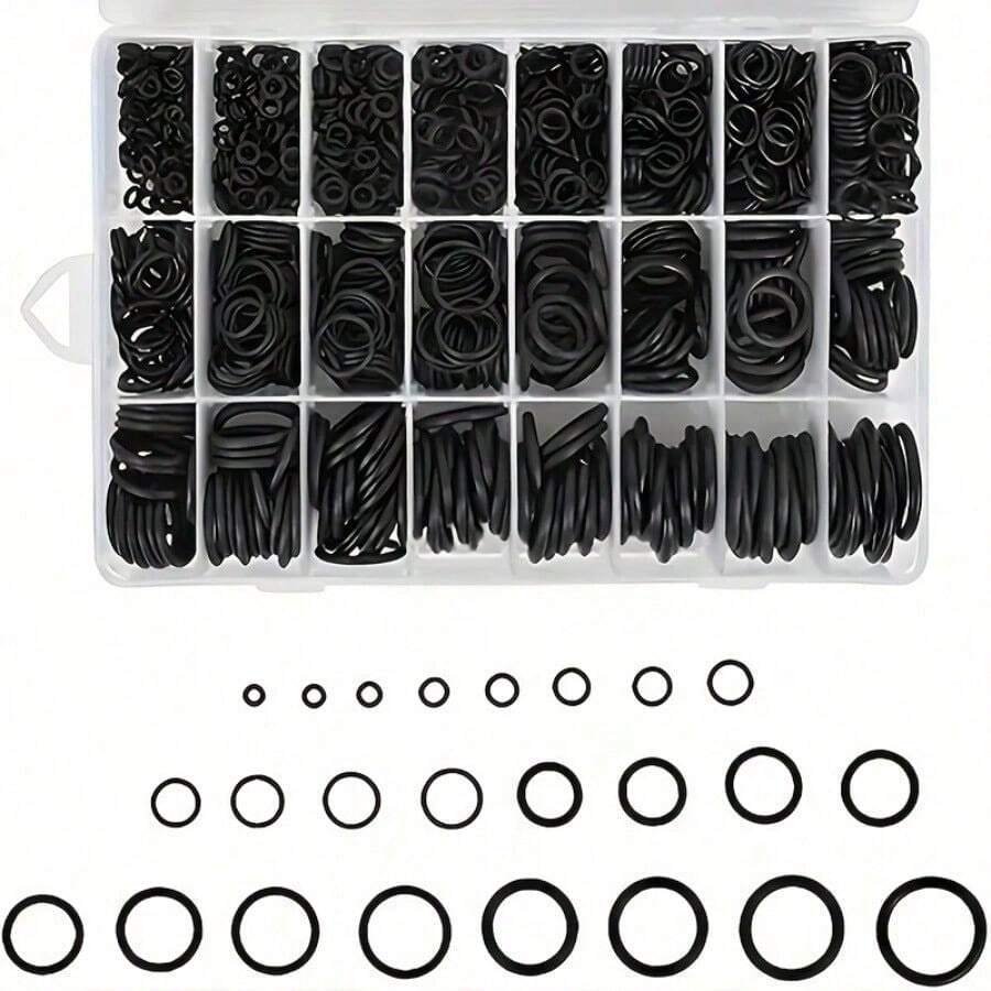 950pcs/225/1200pcs 丁腈橡膠O型環，耐熱耐油，硬度70A，24種不同規格合成橡膠密封圈，適用於高壓清洗機管路與氣體密封工業墊片 - 黑色 - 查看 1