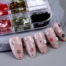 6格可爱5瓣黑白美甲亮片Y2K闪亮金色美甲花朵亮片3D金属美甲饰品