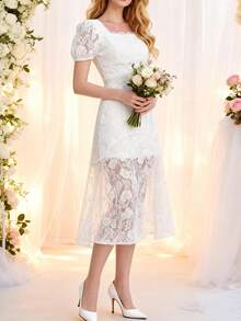 女士婚礼新娘礼物派对礼服，优雅刺绣蕾丝短袖派对礼服，订婚礼服，派对鸡尾酒会庆典礼服 - 白色 - 查看 5