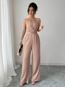 Women's Long Jumpsuit, Spring/Summer, Crinkled Fabric, Tie Waist With Beads And Buttons, Casual Design - Màu Khaki - Xem 5