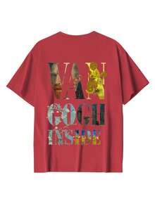 Herren Sommer- und Herbst T-Shirt aus 100% Baumwolle, mit Van Gogh Muster, geeignet für den Alltag, Streetwear, Urlaub, Lässig und Sport - Big Red - Übersicht 2