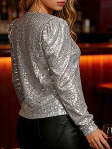 Women's Elegant Open Sequin Front Jacket | Shining Details | Music Festival Sequin Jacket | Suitable For Holiday Wear - 銀色 - 查看 2