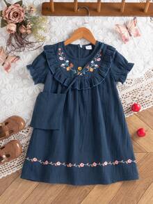 فستان صيفي أنيق للفتيات مع تطريز زهري وكشكشة، أكمام قصيرة + حقيبة كروس بودي للزينة، مناسب للاستخدام اليومي، الخارج، المدرسة، التنقل، العطلات - أزرق غامق - مشاهدة 2