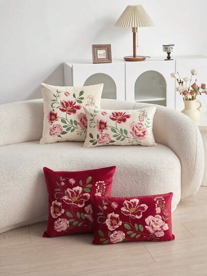 LCUHPCL 1 件红色花卉刺绣天鹅绒抱枕套，家居装饰，适用于客厅、卧室、派对、汽车、沙发等各种环境，四季皆宜