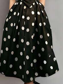 优雅女士无袖V领波点A字中长连衣裙，饰有打结细节，适合度假夏季穿着 - 黑與白 - 查看 3