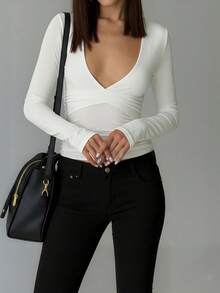 Womens Deep V Neck T-Shirts Long Sleeve Solid Color Workout Tops Classic Spring Fall Blouses Casual Slim Fit Basic T-Shirt Tee - 白色 - 查看 3