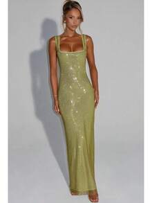 New Sexy Double Strap Sequin Mesh Dress Elegant Waist-Cinching Pullover Bodycon Evening Gown - màu xám hồng nhạt - Xem 8