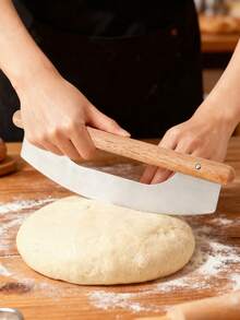 1pc Pizza Cutter With Wooden Handle, Semi-Circle Pizza Roller Knife, Dual Handle For Easy Operation With PP Protective Cover, Wooden Handle Pizza Curved Knife, Half-Moon Pizza & Baking Dough Scraper Knife - Multicolor - View 3