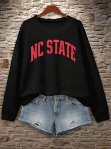 NC STATE Women's Plus Size Loose Sweatshirt - Bold Red Geometric Pattern Design, Gray Blend Casual Pullover, Long Sleeve Round Neck Machine Washable Autumn Winter Top, College Style Women's Fashion, Comfortable Slim Fit, High-Quality Daily Wear, Fashionable Style, Durable Material Loose Crewneck Sweatshirt - Unisex, Casual Style, Suitable For All Seasons |   Valentine's Day Special , - 黑色 - 查看 7