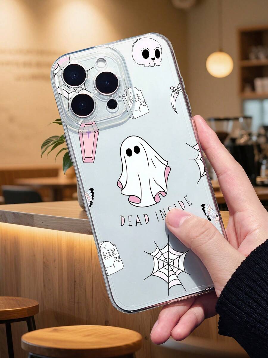 1PC Funda con diseño de fantasmas y calabazas cartoon, estilo otoñal de Halloween, detalles con tazas de café, funda de TPU transparente, protección completa para lente, compatible con iPhone 17/16/15/14/13/12/11/Pro/ProMax, compatible con Galaxy A54/S24 Ultra/Plus, compatible con Moto/Galaxy/Redmi/Honor/OPPO - Transparente F - Ver 1