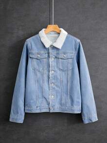 Fleece Lined Denim Jacket Men Winter Warm Coat Slim Fit Vintage Style Multiple Pockets Korean  Casual Jacket - 淺藍色 - 查看 7