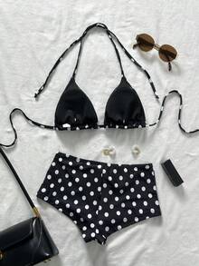 LUCKY HOLIDAY 2026 New Women's Fashion Sexy Triangle Bikini 2-Piece Set, Triangle Bikini Swimsuit With Polka Dot Pattern And Tie Strap, Suitable For Beach Vacation - Black and White - View 3