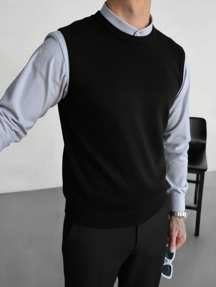 Chaleco de punto de cuello redondo clásico para hombre, otoño/invierno - Negro - Ver 1