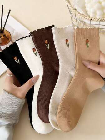 5 pares de calcetines de media caña versátiles con estampado de tulipanes de encaje floral de estilo japonés en unicolor surtidos