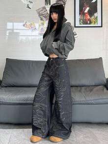 1件装女士复古美式街头风刺绣阔腿牛仔裤，宽松舒适的高街休闲裤，四季皆宜（不含腰带/配饰）黑色春季款 - 黑色 - 查看 8