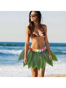 1pc 10-Leaf Green Hawaiian Grass Skirt, 1pc 15-Leaf Green Hawaiian Grass Skirt, Summer Beach Party Outfit For Women And Girls - Fabric Leaf Skirt - View 6