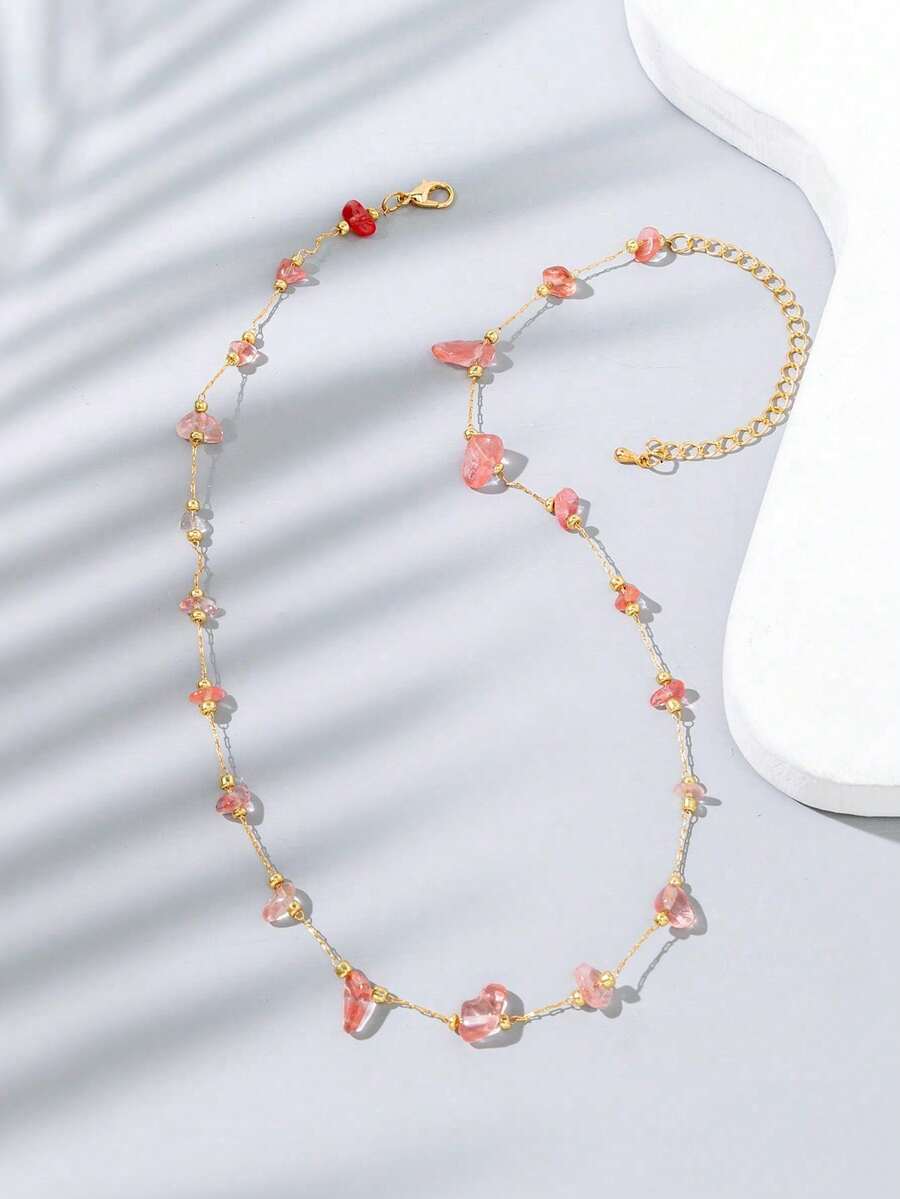 1件不对称造型手工石项链（宝石颜色和数量随机） - 西瓜紅 - 查看 1