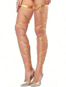 1双性感交叉腿链吊袜带，甜美洛丽塔风格腿部配饰，适合女性参加锐舞派对、节日舞蹈时佩戴，闪亮金属质感，带O型环 - 金色 - 查看 3