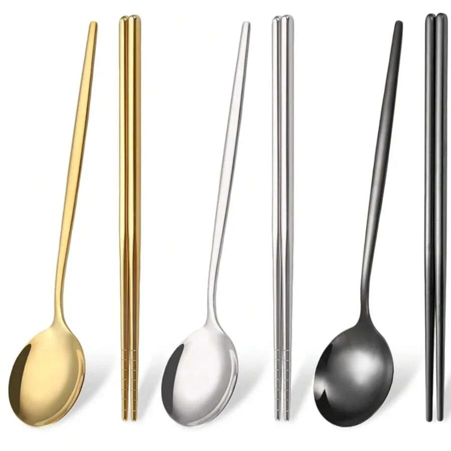 Korean 6Pcs/Set Tableware Set High Quality Stainless Steel Mirror Dinner Set Dinnerware Spoon Chopsticks Flatware Cutlery Set - màu đen - Xem 1