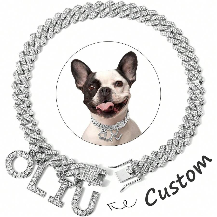 1pc Diamond-Shaped Hip-Hop Pet Necklace, Zinc Alloy Cuban Chain With Letter Pendant, Inlaid With Shiny Rhinestones, 14mm Suitable For Small, Medium And Large Dogs & Cats, Holiday Gift, Daily Wear, Dog Necklace - Multicolor - View 1