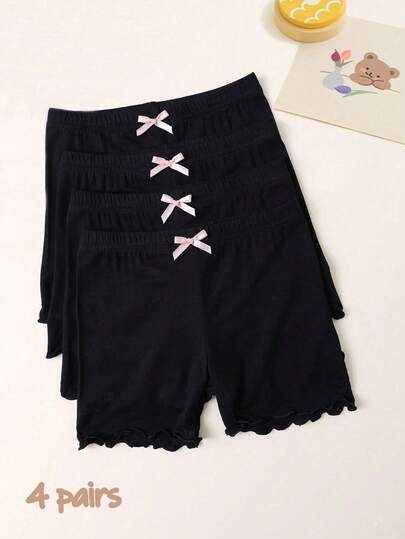 4pcs Girls' Black Casual Shorts, Minimalist Frill Trim Safety Shorts, Versatile For Daily Wear