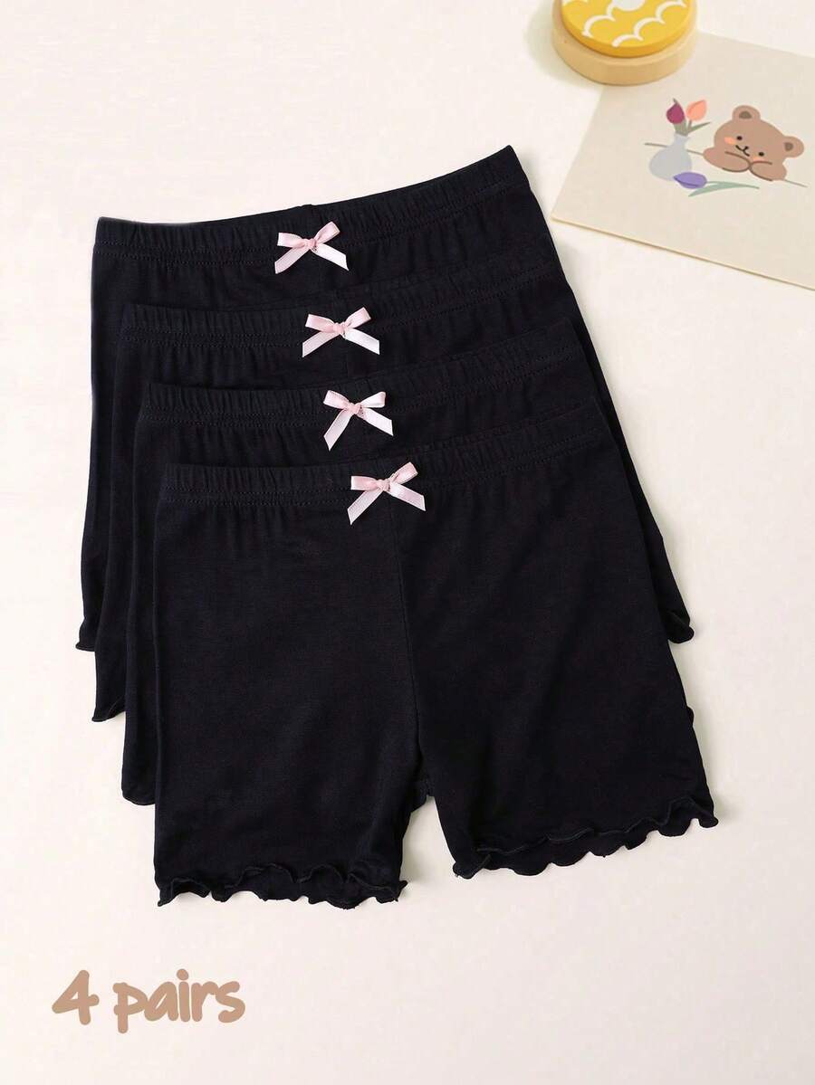 4pcs Girls' Black Casual Shorts, Minimalist Frill Trim Safety Shorts, Versatile For Daily Wear - Black - View 1