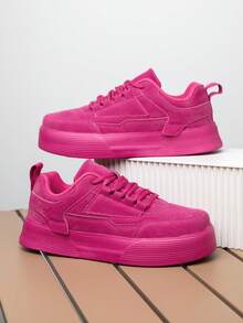 Women's Minimalist Solid Color PU Leather Patchwork Comfortable Versatile Vivid Fuchsia Flat Casual Shoes, Personalized Outdoor Fashion Daily Commute Business Front Lace-Up Skateboard Sneakers - Hot Pink - View 5