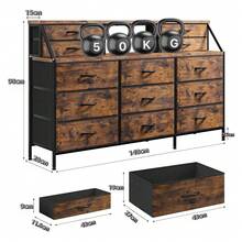 Cómoda Cajonera Marron, Cómoda con 13 Cajones Grandes y 2 Estantes, Cómoda Larga para Armario, Adecuada para Sala de Estar, Pasillo, Dormitorio, 140 * 28 * 90CM - Marrón - Ver 2