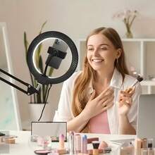 10英寸LED环形补光灯，带自拍环形灯的手机支架，适用于桌面美颜灯、直播补光、T型视频录制、直播、烹饪等场景，内置照明，手机支架适用于摄影、视频录制、直播、Zoom会议、Vlog等，带支架，可用于摄影、视频录制、直播、会议室、Vlog、自拍灯、手机灯、环形灯等。 - 黑色 - 查看 7