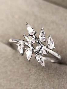 1 PC Fashion White Cubic Zirconia Leaf Ring For Women Party Gift - Silver - View 11