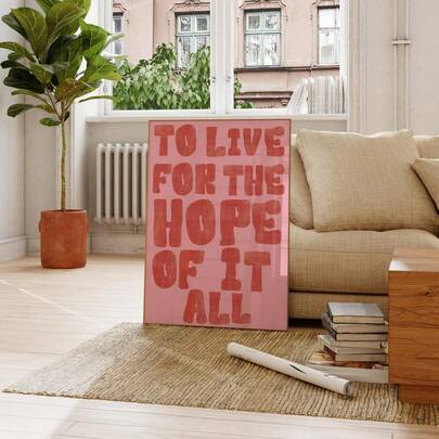 1张无框海报，粉色背景，红色文字“为希望而活”，励志名言墙饰，适合客厅、卧室或宿舍装饰，趣味海报，房间装饰，墙面印刷品