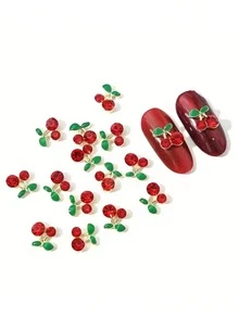 20片3D樱桃美甲装饰 - 红色和粉色水晶美甲贴，带绿色叶子，铝合金水果美甲贴纸，美甲饰品，美甲用品 - 紅色 - 查看 3